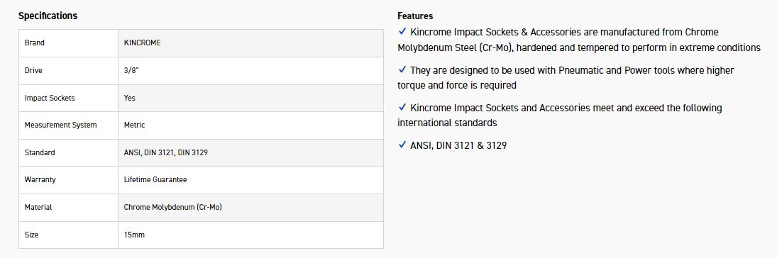 KINCROME K2214 IMPACT SKT 3/8DRV 15MM - Image 2