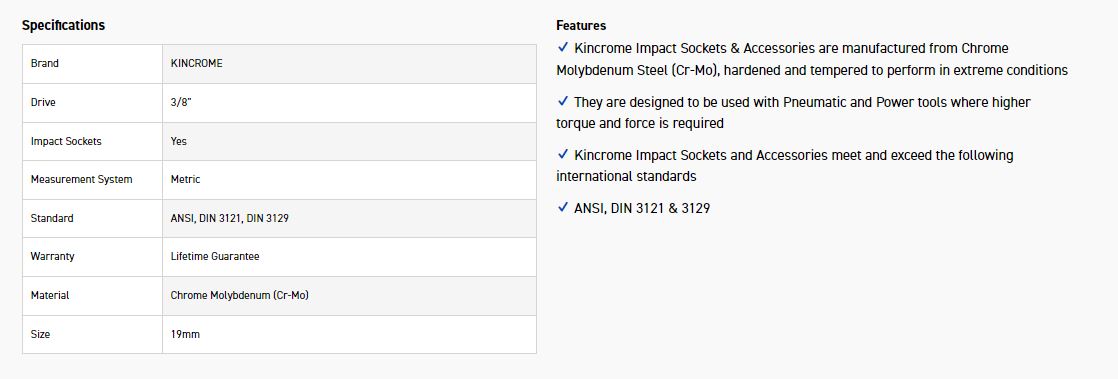 KINCROME K2218 IMPACT SKT 3/8DRV 19MM - Image 2