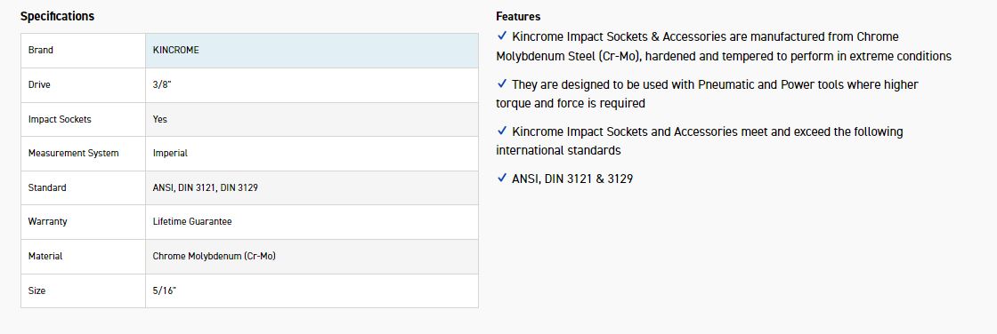 KINCROME K2222 IMPACT SKT 3/8DRV 5/16 - Image 2