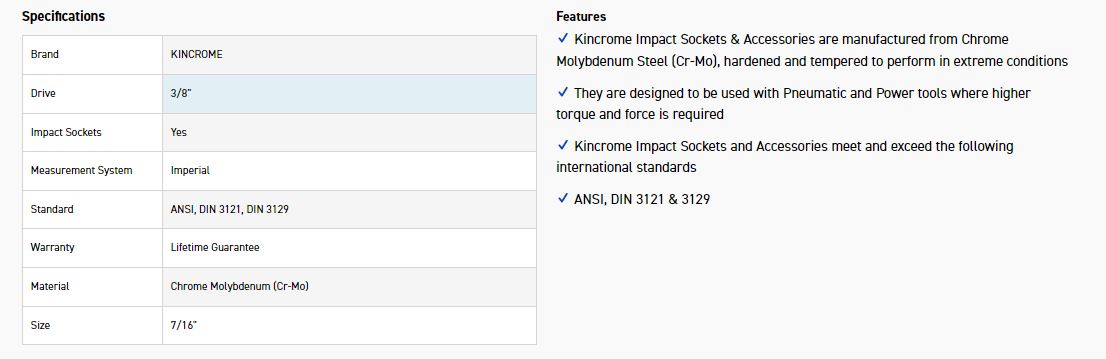 KINCROME K2224 IMPACT SKT 3/8DRV 7/16 - Image 2