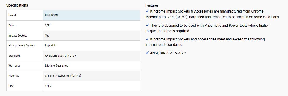 KINCROME K2226 IMPACT SKT 3/8DRV 9/16 - Image 2