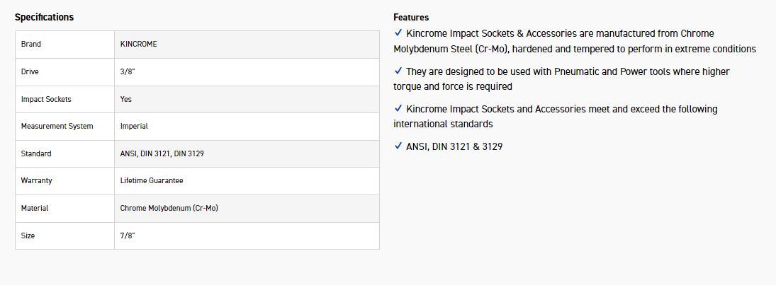 KINCROME K2231 IMPACT SKT 3/8DRV 7/8 - Image 2