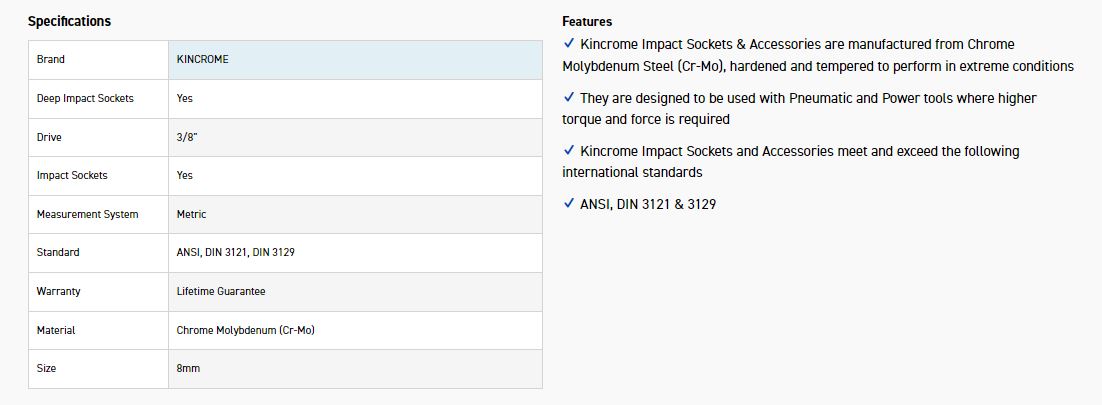 KINCROME K2234 IMPACT SKT DEEP 3/8DRV 8MM - Image 2