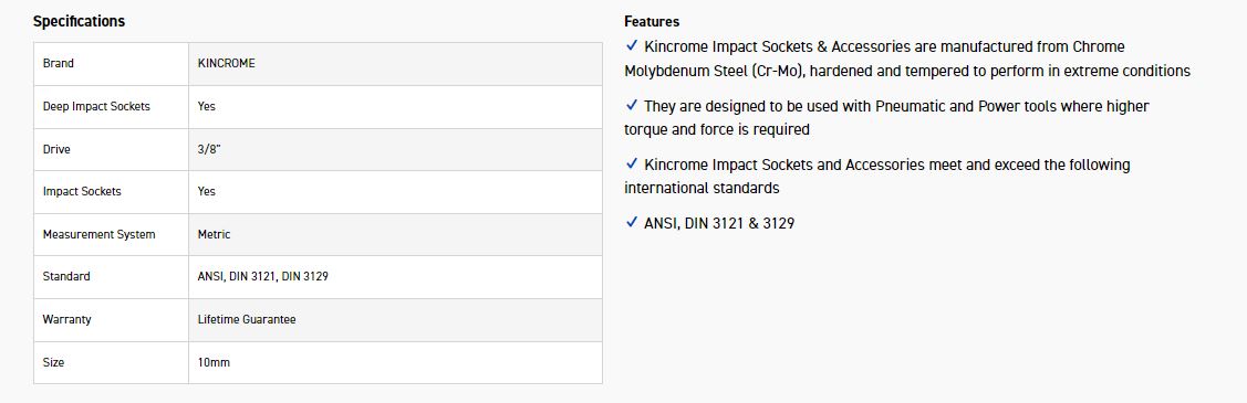 KINCROME K2236 IMPACT SKT DEEP 3/8DRV 10MM - Image 2