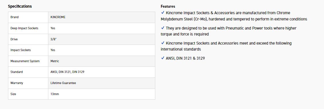 KINCROME K2239 IMPACT SKT DEEP 3/8DRV 13MM - Image 2