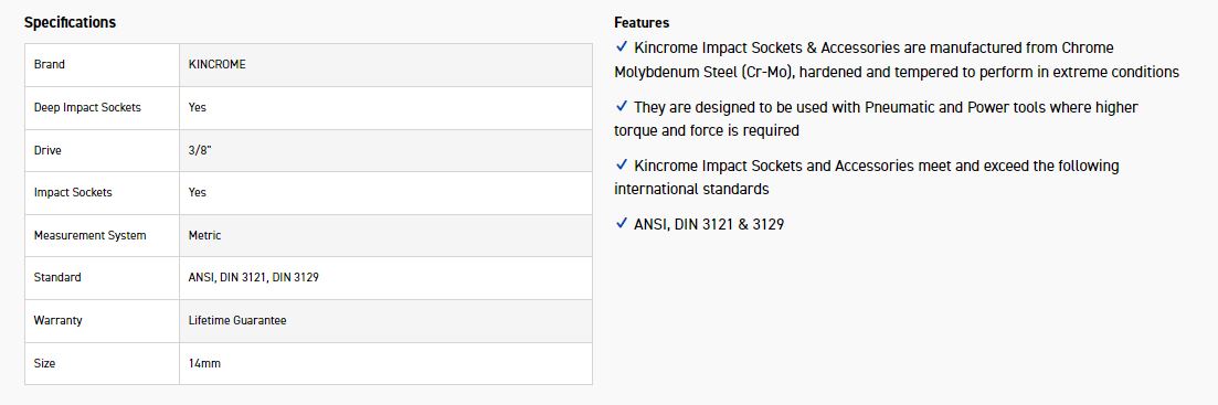 KINCROME K2240 IMPACT SKT DEEP 3/8DRV 14MM - Image 2