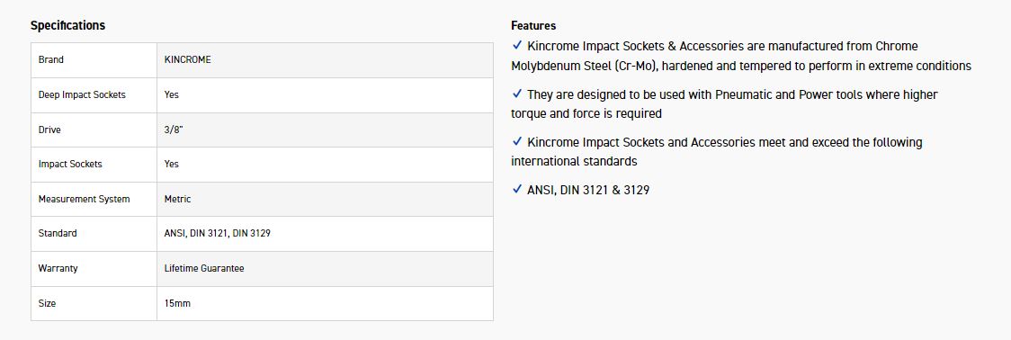 KINCROME K2241 IMPACT SKT DEEP 3/8DRV 15MM - Image 2