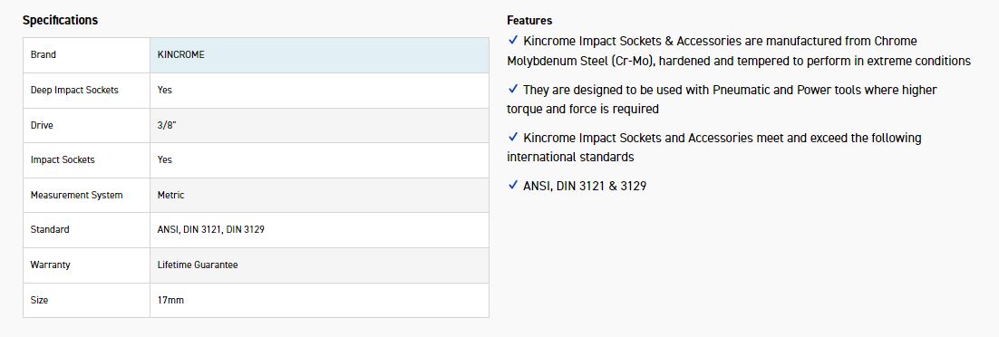 KINCROME K2243 IMPACT SKT DEEP 3/8DRV 17MM - Image 2