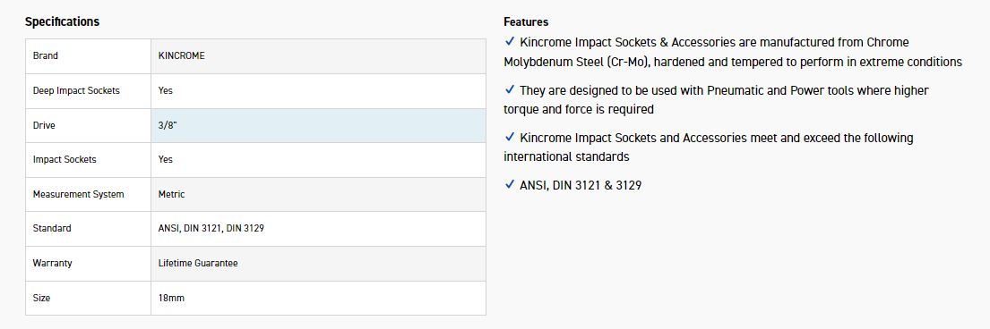 KINCROME K2244 IMPACT SKT DEEP 3/8DRV 18MM - Image 2