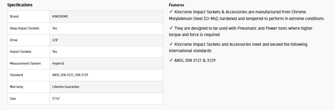 KINCROME K2251 IMPACT SKT DEEP 3/8DRV 7/16 - Image 2