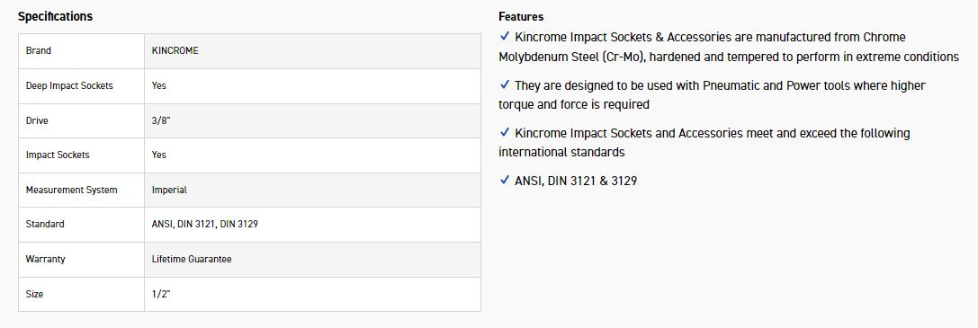 KINCROME K2252 IMPACT SKT DEEP 3/8DRV 1/2 - Image 2