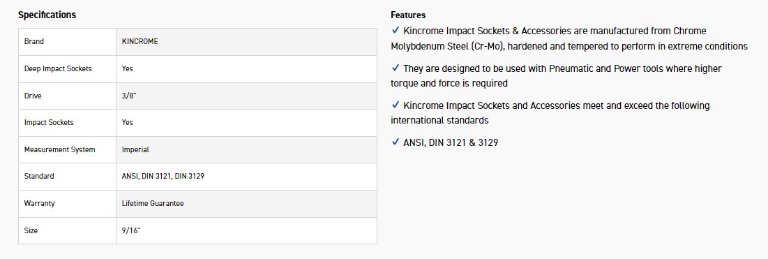 KINCROME K2253 IMPACT SKT DEEP 3/8DRV 9/16 - Image 2