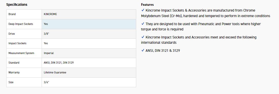 KINCROME K2256 IMPACT SKT DEEP 3/8DRV 3/4 - Image 2