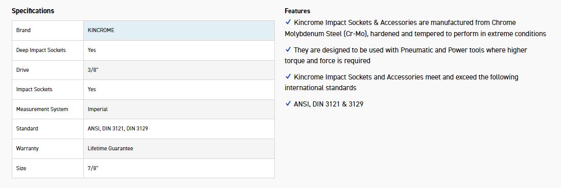 KINCROME K2258 IMPACT SKT DEEP 3/8DRV 7/8 - Image 2