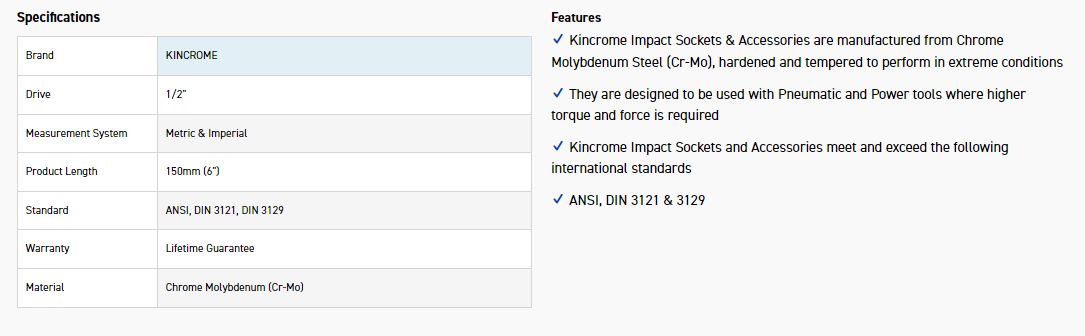 KINCROME K2282 IMP EXTENS 1/2DR 150MM (6 ) - Image 2