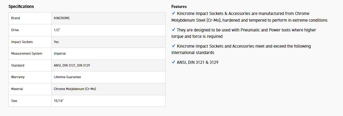 KINCROME K2321 IMPACT SKT 1/2DRV 15/16 - Image 2