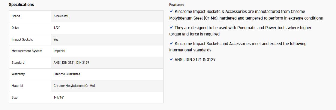 KINCROME K2323 IMPACT SKT 1/2DRV 1-1/16 - Image 2