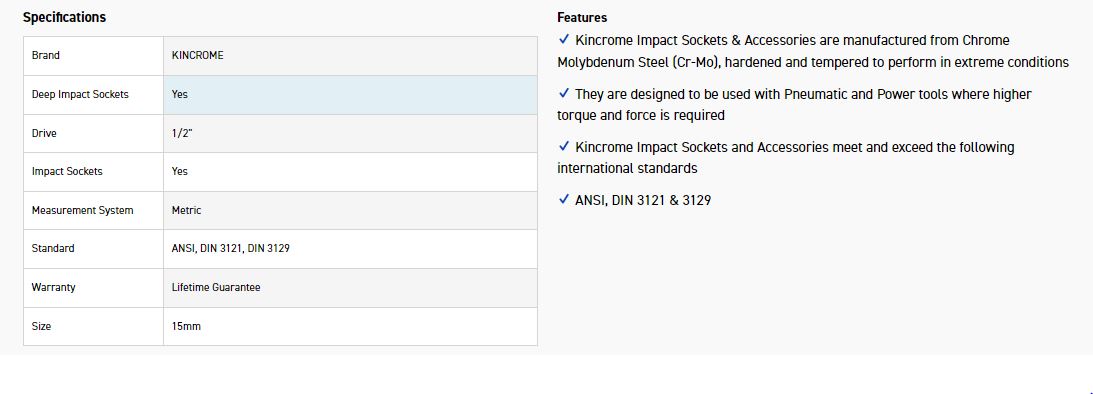 KINCROME K2334 IMPACT SKT DEEP 1/2DRV 15MM - Image 2