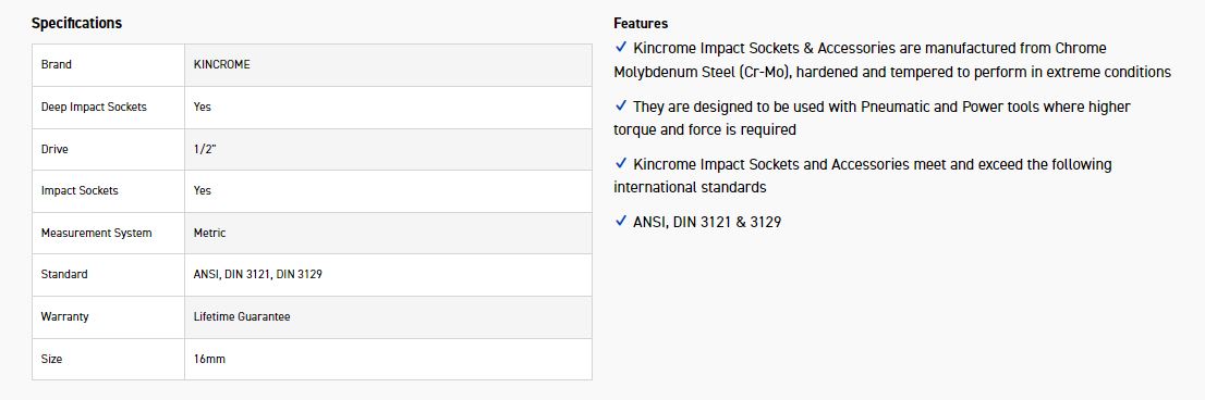 KINCROME K2335 IMPACT SKT DEEP 1/2DRV 16MM - Image 2