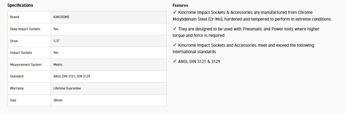 KINCROME K2347 IMPACT SKT DEEP 1/2DRV 28MM - Image 2