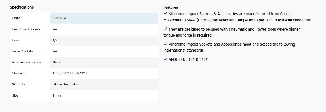 KINCROME K2350 IMPACT SKT DEEP 1/2DRV 31MM - Image 2