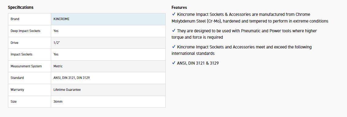 KINCROME K2353 IMPACT SKT DEEP 1/2DRV 36MM - Image 2