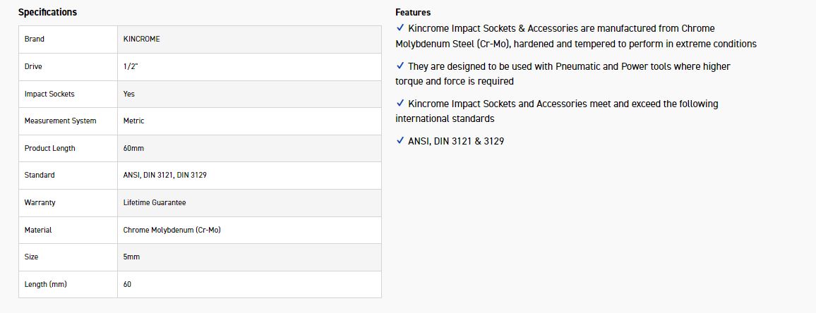 KINCROME K2371 HEX IMPACT 1/2D 5MM X 60MM - Image 2