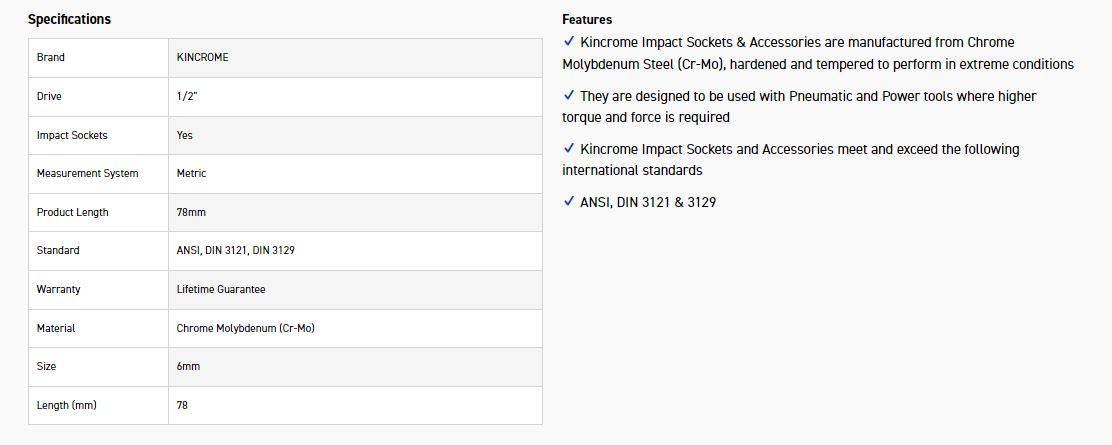 KINCROME K23725 HEX IMPACT 1/2D 6MM X 78MM - Image 2