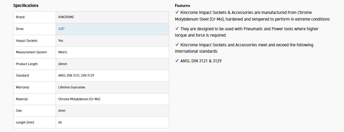 KINCROME K2372 HEX IMPACT 1/2D 6MM X 60MM - Image 2
