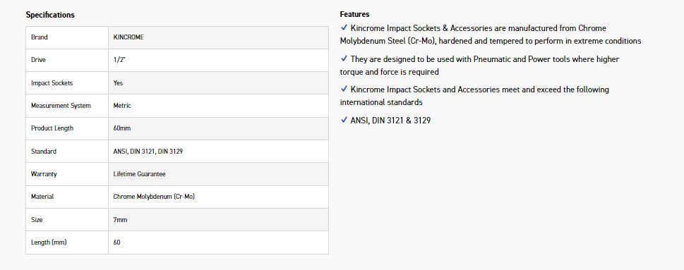 KINCROME K2373 HEX IMPACT 1/2D 7MM X 60MM - Image 2