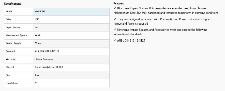 KINCROME K23745 HEX IMPACT 1/2D 8MM X 78MM - Image 2