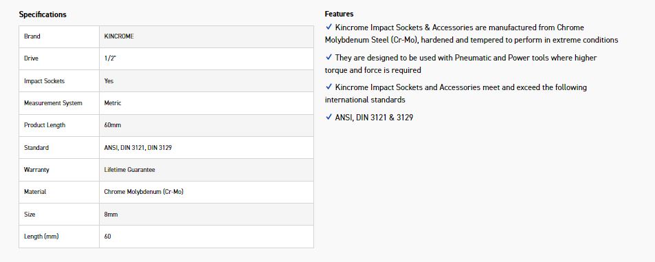 KINCROME K2374 HEX IMPACT 1/2D 8MM X 60MM - Image 2