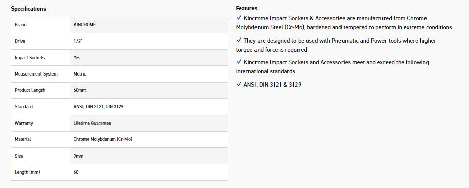 KINCROME K2375 HEX IMPACT 1/2D 9MM X 60MM - Image 2