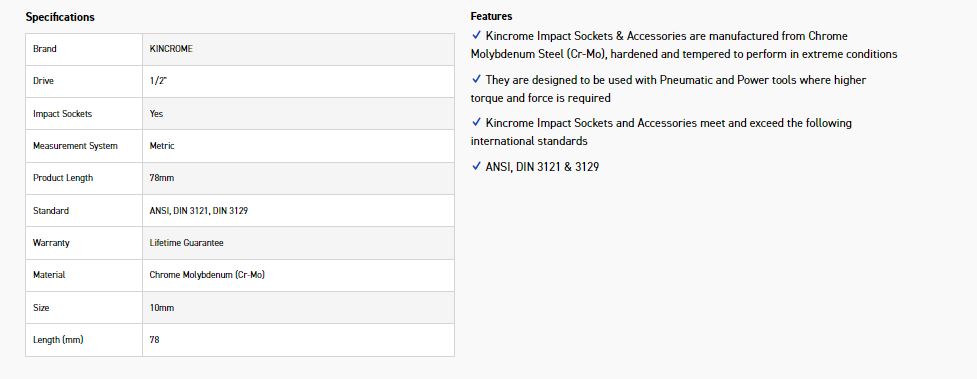 KINCROME K23765 HEX IMPACT 1/2D 10MM X 78MM - Image 2