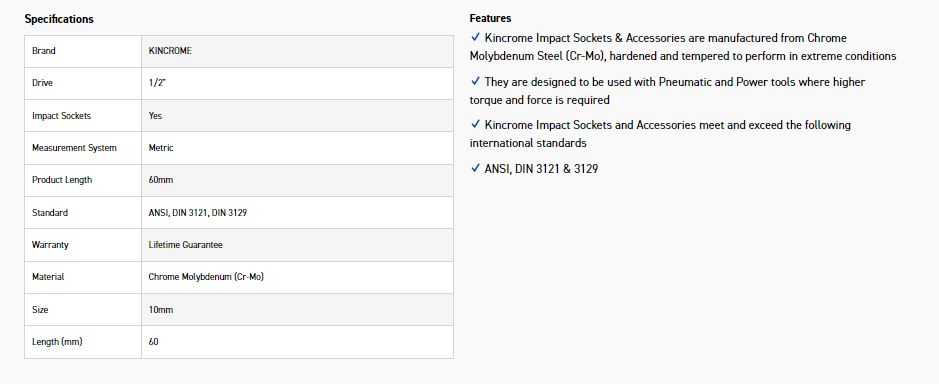 KINCROME K2376 HEX IMPACT 1/2D 10MM X 60MM - Image 2