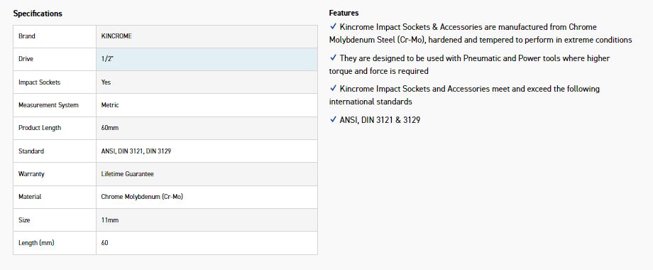 KINCROME K2377 HEX IMPACT 1/2D 11MM X 60MM - Image 2