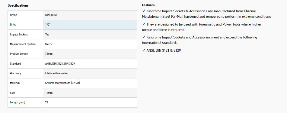 KINCROME K23785 HEX IMPACT 1/2D 12MM X 78MM - Image 2