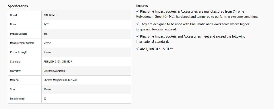 KINCROME K2378 HEX IMPACT 1/2D 12MM X 60MM - Image 2