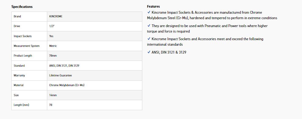 KINCROME K23805 HEX IMPACT 1/2D 14MM X 78MM - Image 2