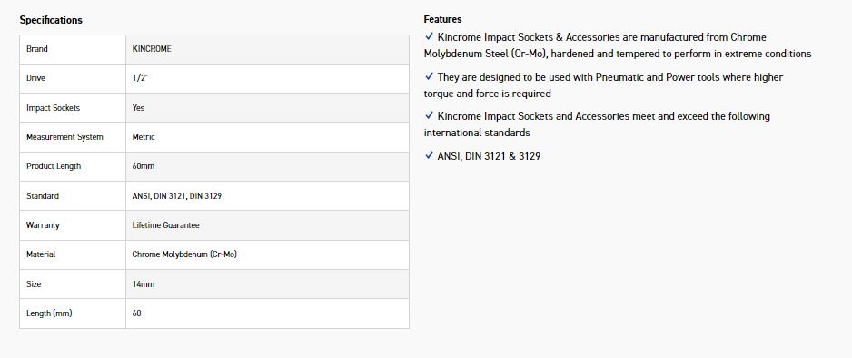 KINCROME K2380 HEX IMPACT 1/2D 14MM X 60MM - Image 2