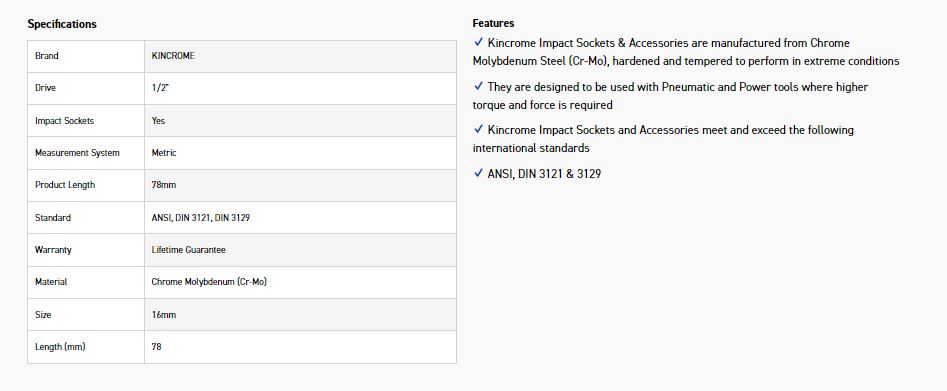 KINCROME K2384 HEX IMPACT 1/2D 16MM X 78MM - Image 2