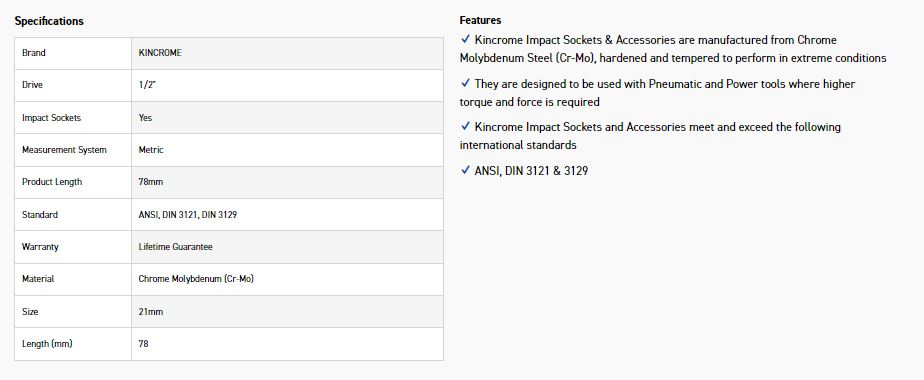 KINCROME K2387 HEX IMPACT 1/2D 21MM X 78MM - Image 2