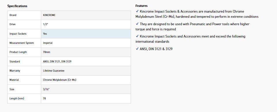KINCROME K23895 HEX IMPACT 1/2D 3/16 X 78MM - Image 2