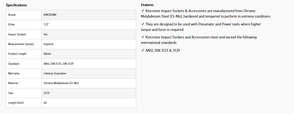 KINCROME K2389 HEX IMPACT 1/2D 3/16 X 60MM - Image 2