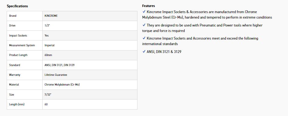 KINCROME K2390 HEX IMPACT 1/2D 7/32 X 60MM - Image 2