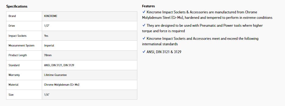KINCROME K23915 HEX IMPACT 1/2D 1/4 X 78MM - Image 2