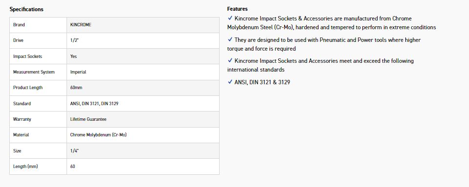 KINCROME K2391 HEX IMPACT 1/2D 1/4 X 60MM - Image 2
