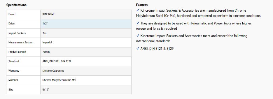 KINCROME K23925 HEX IMPACT 1/2D 5/16 X 78MM - Image 2