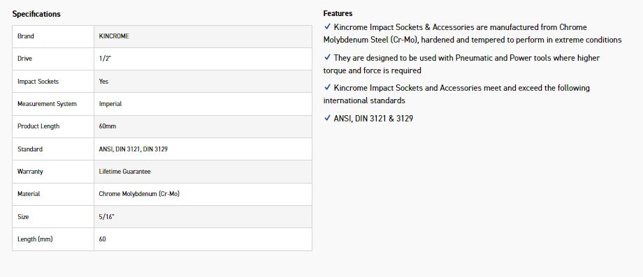 KINCROME K2392 HEX IMPACT 1/2D 5/16 X 60MM - Image 2