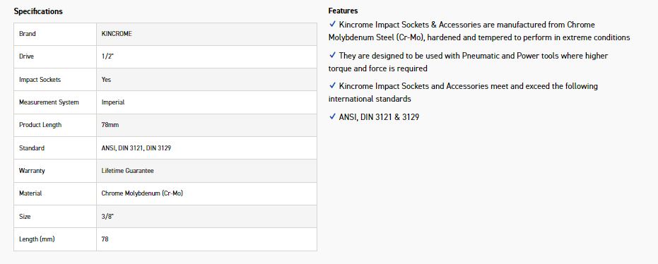 KINCROME K23935 HEX IMPACT 1/2D 3/8 X 78MM - Image 2